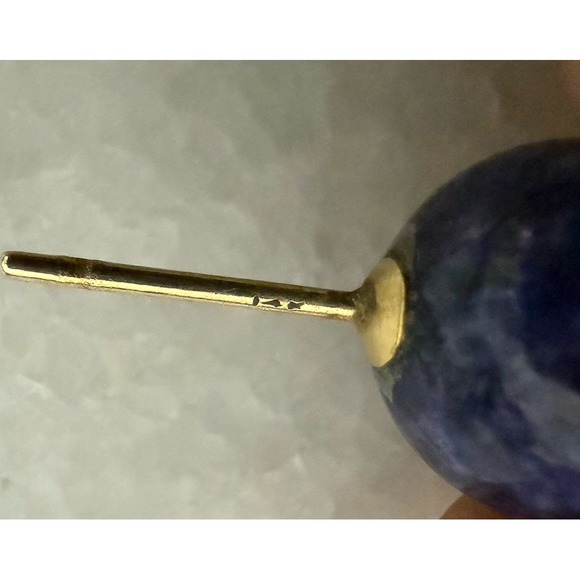 14K SOLID YELLOW GOLD LAPIS LAZULI STONE ROUND SHAPE STUD EARRINGS VTG 3.23 GRAM - Picture 3 of 3